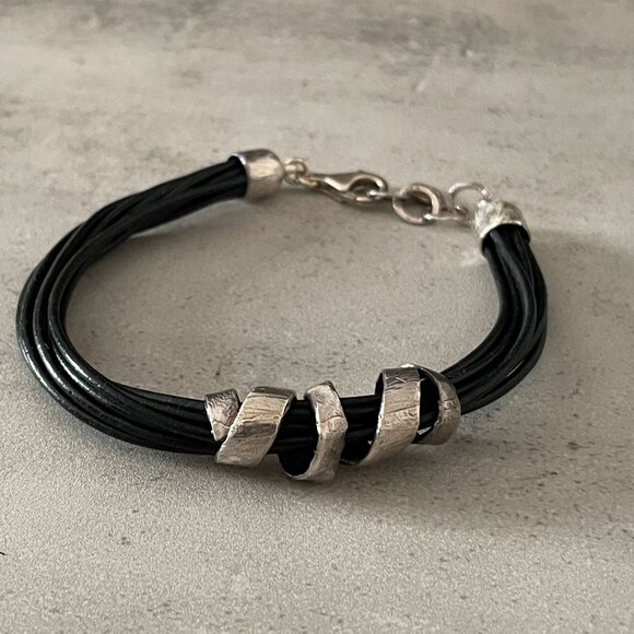 Vintage Silpada City Slicker Sterling Silver Black Leather Bracelet B3207 7.5-8" - Picture 1 of 8